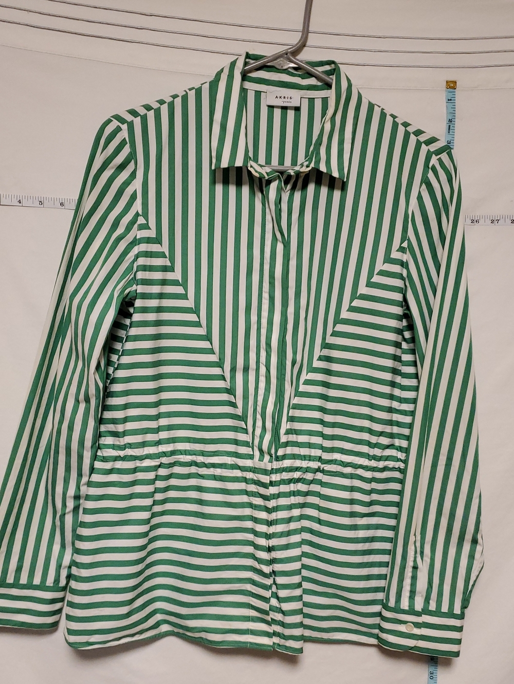 Akris Punto Green White Stripe Button Down Blouse Gathered Peplum Sz 8 Luxury
